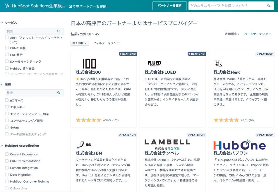 日本の高評価HubSpotパートナー