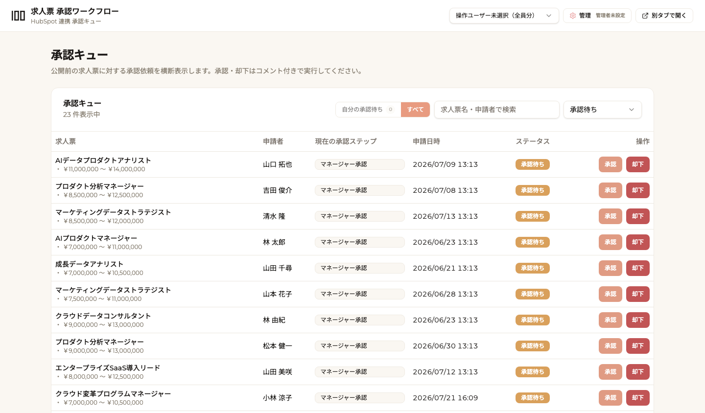求人票承認ワークフローの承認キュー画面。申請中の求人票、申請者、現在の承認ステップ、ステータス、承認・却下ボタンを一覧表示