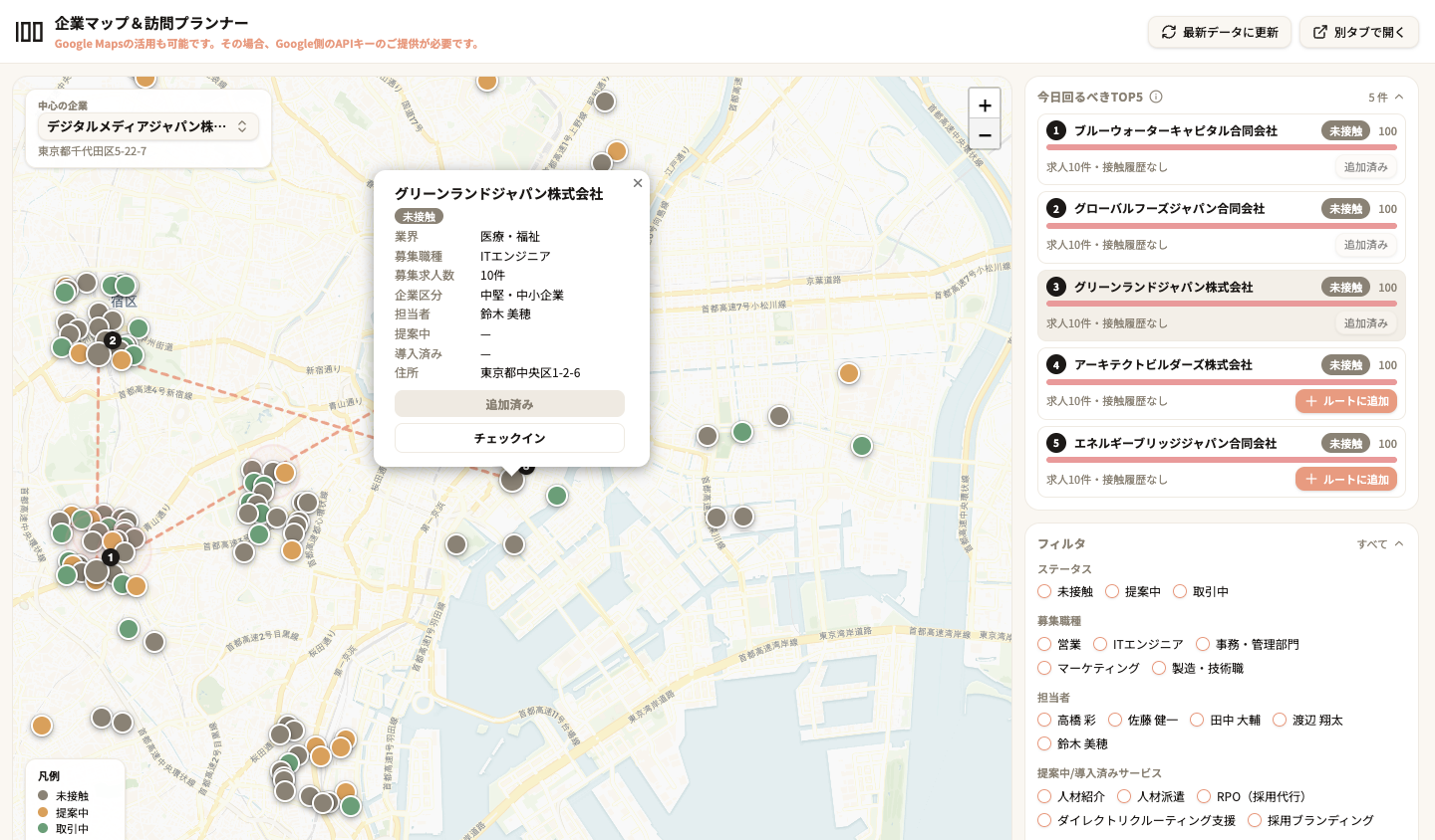 企業マップ＆訪問プランナーの画面。ステータス色分けのピン、訪問ルート、今日回るべきTOP5、企業詳細を1画面に表示